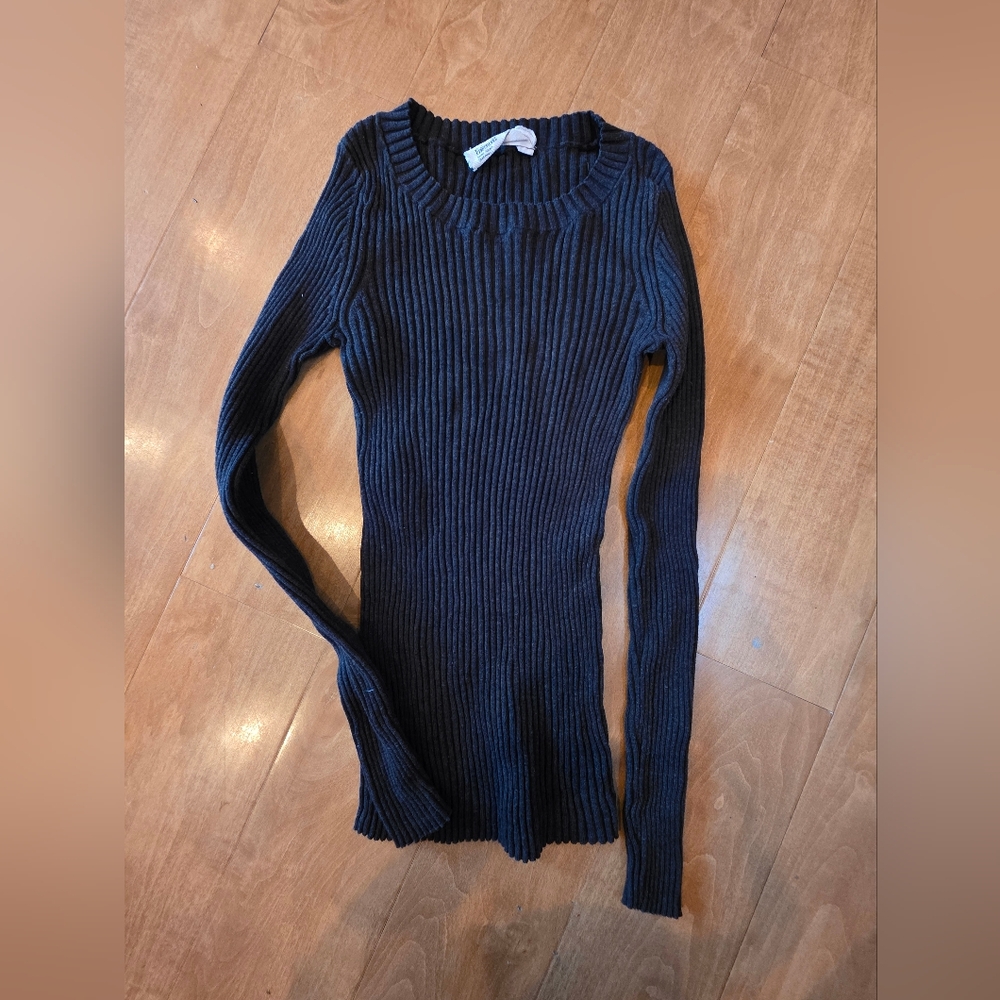 Dark Grey Entireworld. Ribbed Long Sleeve Sweater Cotton/Cashmere Xs